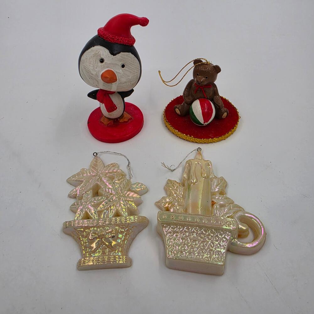 Lot of 4 Vintage Christmas Decorations 70s 80s Y2K Penguins White Ornaments